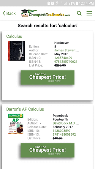 Cheap Textbooks App Search Screen Shot